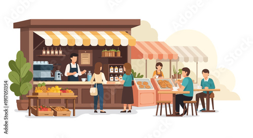 Vibrant outdoor market scene featuring stalls, vendors, and diverse customers enjoying fresh food and sunshine.