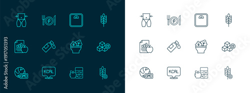 Set line Wheat, Kcal, Salad in bowl, Calorie calculator, Bottle of water, Bathroom scales, Women waist and Vegan food diet icon. Vector