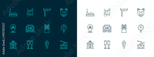 Set line Bear head, Bowling pin, Magician hat and rabbit ears, Ice cream waffle, Casino win, Paper mustache on stick, Bumper car and Carnival garland with flags icon. Vector