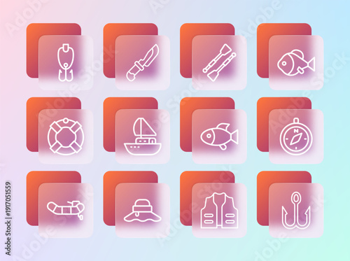 Set line Fish, Fisherman hat, Fishing jacket, Yacht sailboat, Oars or paddles, lure and Knife icon. Vector