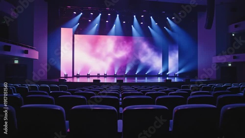 Wallpaper Mural Vibrant stage lighting illuminates an empty auditorium with rows of dark seats, perfect for event promotion or corporate presentation backgrounds. Torontodigital.ca