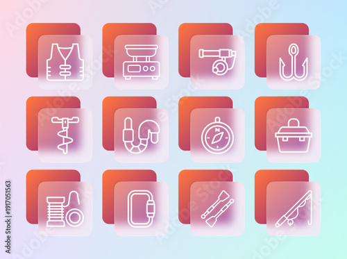 Set line Fishing hook, Carabiner, Compass, Oars or paddles boat, Worm, rod, jacket and Electronic scales icon. Vector