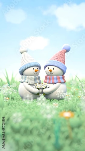 Cute cartoon snowmen on a meadow with snowdrops, sky 3D animation