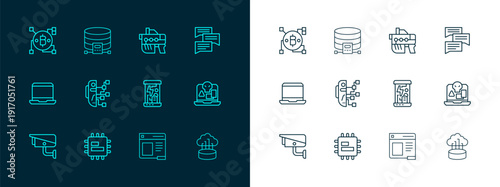 Set line Speech bubble chat, Processor CPU, Cryogenic capsules, Browser window, Humanoid robot, Futuristic weapon, Blockchain technology Bitcoin and Cloud database icon. Vector