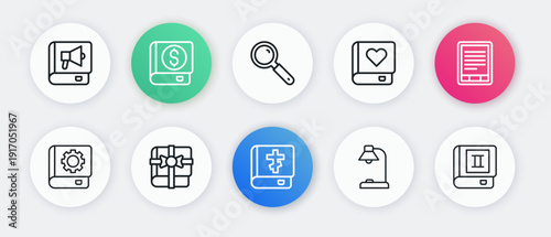 Set line Holy bible book, E-Book reader, User manual, Table lamp, Romance, Magnifying glass, and gift icon. Vector