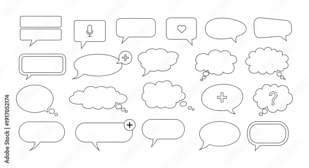Fototapeta premium A set of minimalist line art speech bubbles and thought clouds in a simple vector graphic design