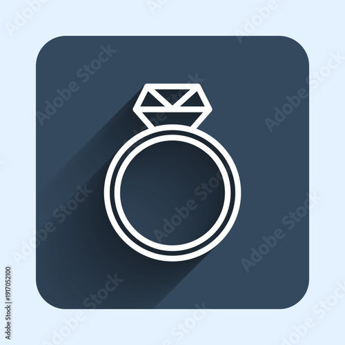 White line Diamond engagement ring icon isolated with long shadow background. Blue square button. Vector