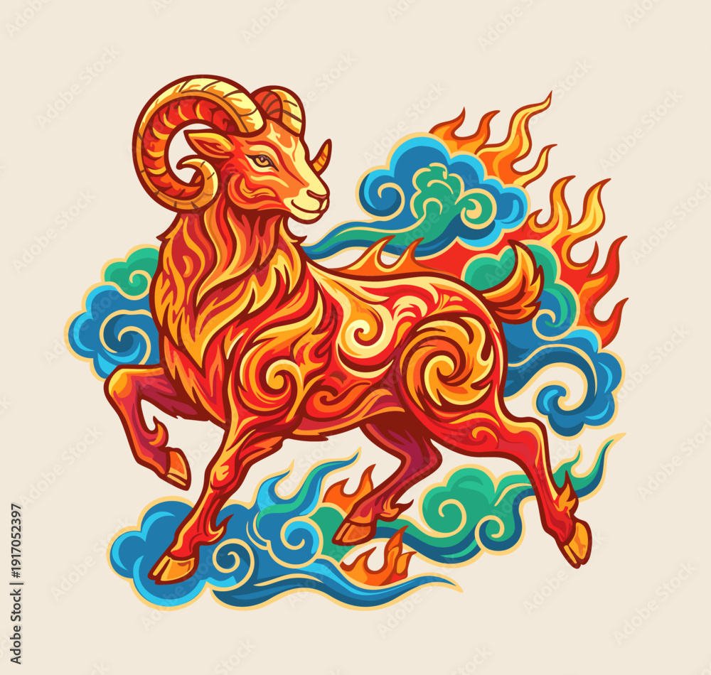 Fototapeta premium Chinese New Year of fiery sheep 2027. Vector isolated illustration in eastern style