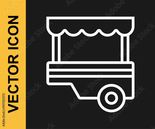 White line Fast street food cart with awning icon isolated on black background. Urban kiosk. Vector