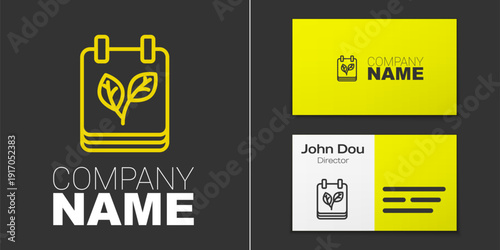 Logotype line Calendar with autumn leaves icon isolated on grey background. Logo design template element. Vector