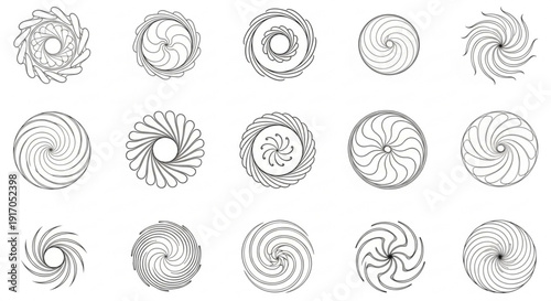 A set of minimalist spiral designs in a simple line art style on a white background