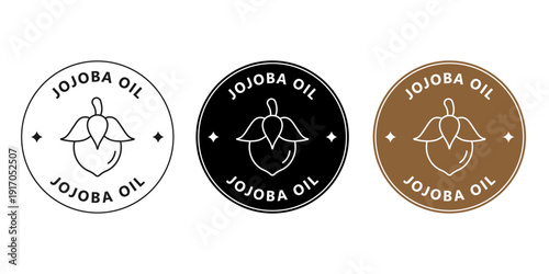 Round jojoba oil sticker for cosmetic packaging. Natural skincare badge with jojoba nut icon.
