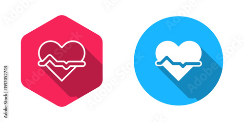 Filled and outline Heart rate icon isolated with long shadow background. Heartbeat sign. Heart pulse icon. Cardiogram icon. Vector