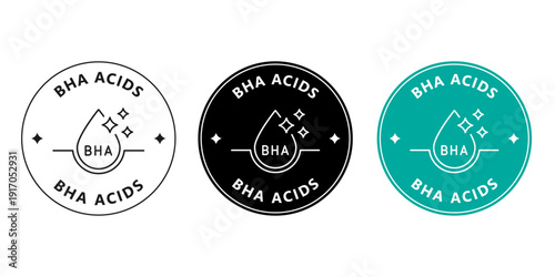 Round BHA acids sticker for cosmetic packaging. Exfoliating skincare badge with molecule icon.