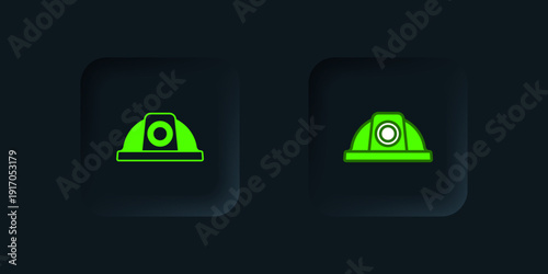 Green Worker safety helmet icon isolated on black background. Black square button. Vector