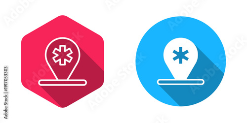 Filled and outline Medical map pointer with cross hospital icon isolated with long shadow background. Vector