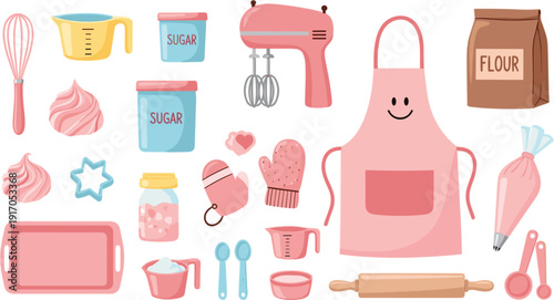 Cute pink baking equipment set featuring happy apron electric mixer flour sack sugar canisters measuring cups and whisk for sweet shop branding and feminine kitchen design.