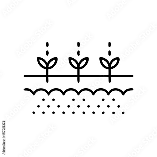 Line art of seedlings growing in soil with water droplets above  