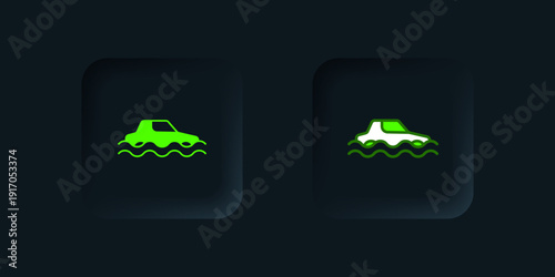 Green Flood car icon isolated on black background. Insurance concept. Flood disaster concept. Security, safety, protection, protect concept. Black square button. Vector