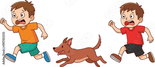 Cartoon illustration of two scared young boys running away from a barking dog for safety education children storytelling and pet behavior concepts.