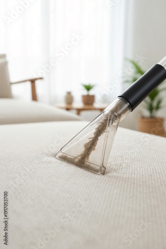 Upholstery vacuum extractor nozzle removing dirty water from sofa fabric