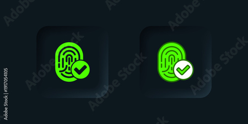 Green Fingerprint icon isolated on black background. ID app icon. Identification sign. Touch id. Black square button. Vector