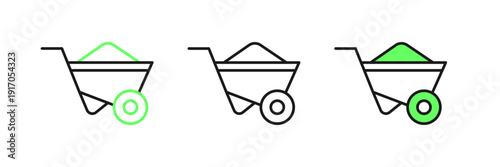 Set line Wheelbarrow icon isolated on white background. Tool equipment. Agriculture cart wheel farm. Vector