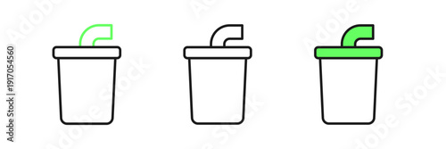 Set line Paper glass with drinking straw and water icon isolated on white background. Soda drink glass. Fresh cold beverage symbol. Vector