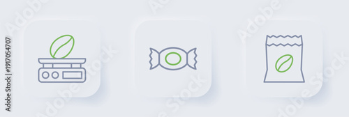 Set line Bag of coffee beans, Candy and Electronic scales icon. Vector