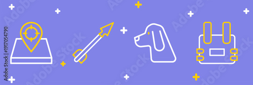 Set line Bulletproof vest, Hunting dog, Medieval arrow and place icon. Vector