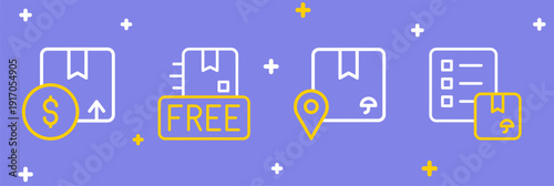 Set line Verification of delivery list, Location with cardboard box, Cardboard free symbol and Carton icon. Vector