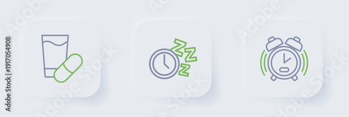 Set line Alarm clock, and Sleeping pill icon. Vector