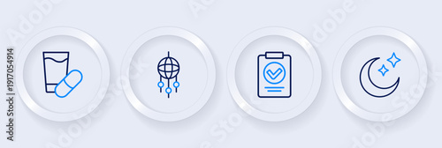 Set line Moon and stars, Medical prescription, Dream catcher with feathers and Sleeping pill icon. Vector