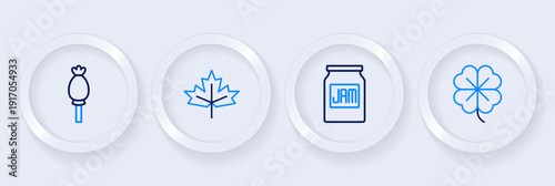 Set line Four leaf clover, Jam jar, Canadian maple and Opium poppy icon. Vector