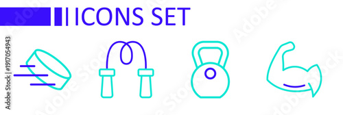 Set line Bodybuilder showing his muscles, Weight, Jump rope and Hockey puck icon. Vector