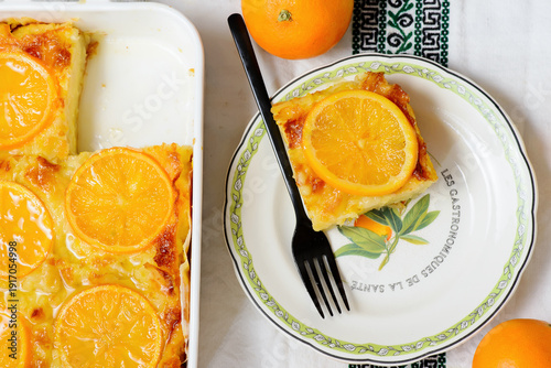 Traditional Greek filo pastry pie with oranges, Portokalopita..selective focus