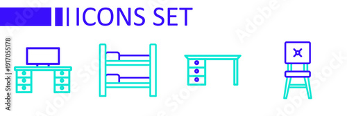 Set line Chair, Office desk, Bunk bed and icon. Vector