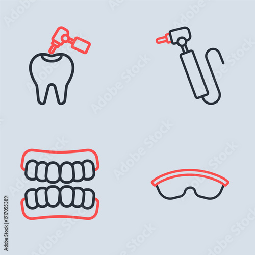 Set line Tooth drill, Dentures model, Safety goggle glasses and with caries and icon. Vector