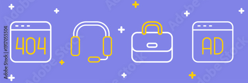 Set line Advertising, Briefcase, Headphones and Page with 404 error icon. Vector