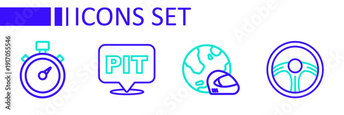Set line Racing steering wheel, helmet, Pit stop and Alloy for car icon. Vector