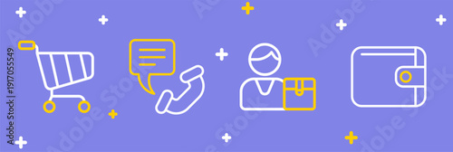 Set line Wallet, Buyer, Telephone 24 hours support and Shopping cart icon. Vector