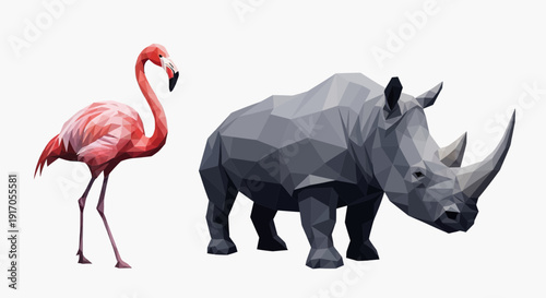 Stylized Polygonal Flamingo and Rhinoceros Illustration on White Background - Modern Geometric Wildlife Art