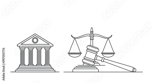 Scales of justice with a gavel and classical courthouse building outline