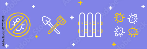 Set line Colorado beetle, Garden fence wooden, Shovel and rake and Stop colorado icon. Vector