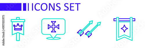 Set line Medieval flag, arrows, Crusade and icon. Vector