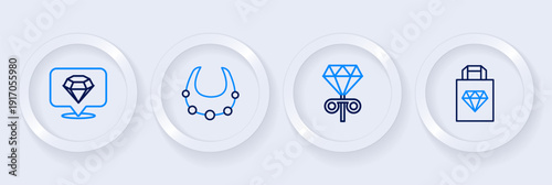 Set line Shopping bag jewelry, Stud earrings, Necklace and Diamond icon. Vector