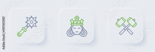 Set line Crossed battle hammers, Princess or queen and Mace with spikes icon. Vector