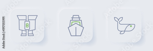 Set line Whale, Yacht sailboat and Binoculars icon. Vector