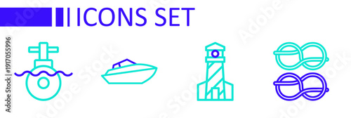 Set line Nautical rope knots, Lighthouse, Speedboat and Submarine icon. Vector
