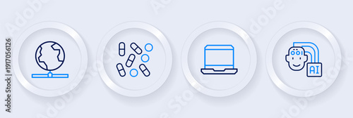 Set line Humanoid robot, Laptop, Medical pill biohacking and Global technology icon. Vector